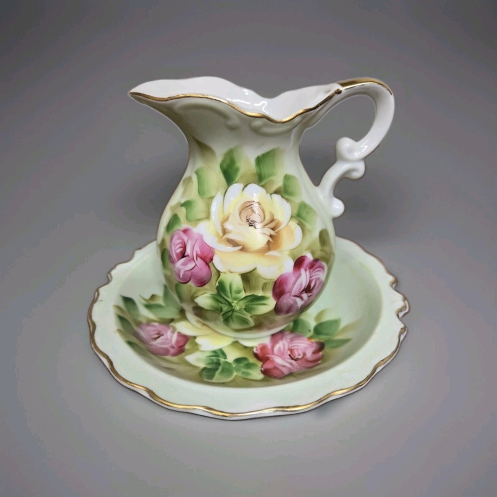 Vintage Norcrest Japan L327 Mini Pitcher & Bowl Set Hand Painted Roses Gold Trim